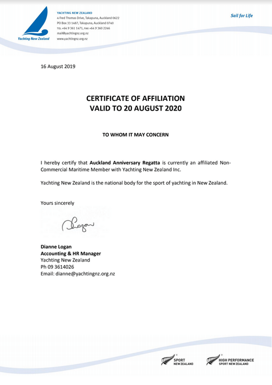 Yachting New Zealand Affiliation Yachting New Zealand Affiliation